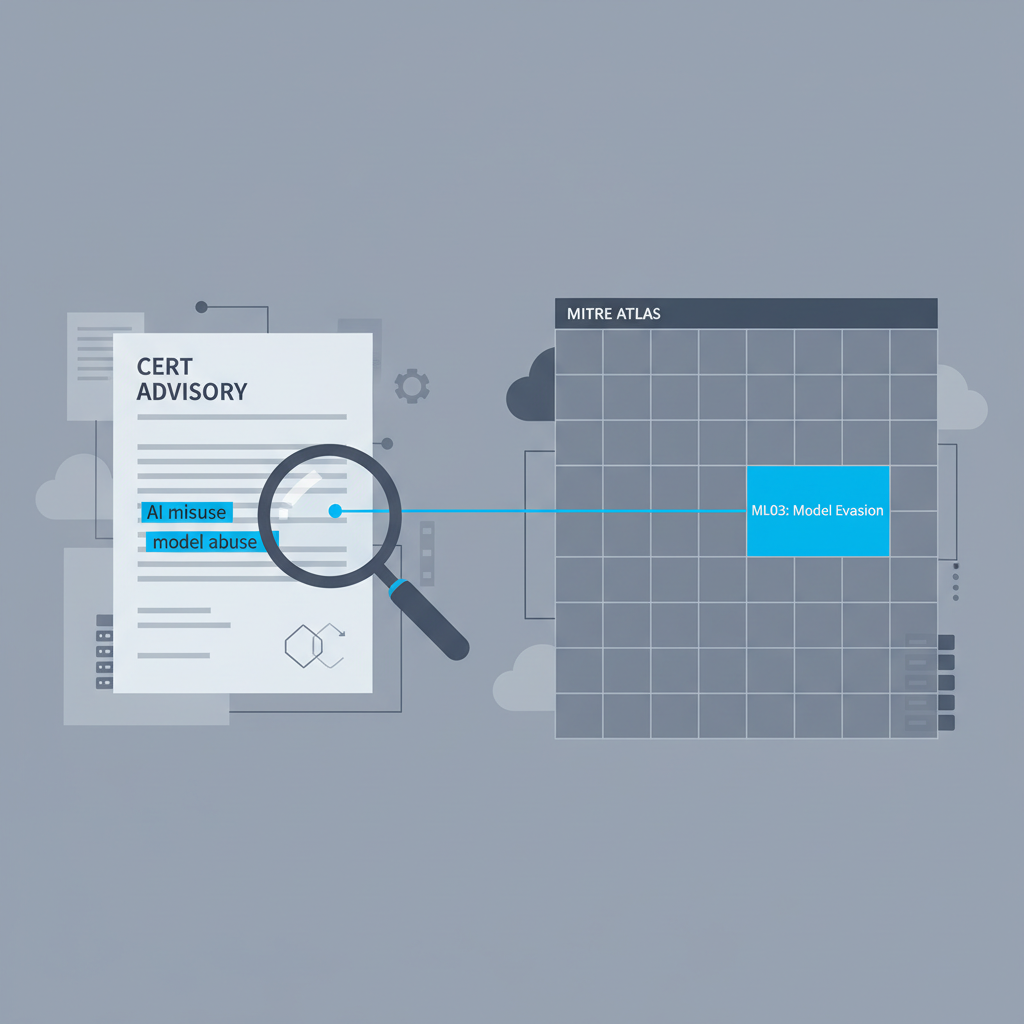 Visual mapping of an East Asia CERT advisory mentioning AI misuse to a corresponding MITRE ATLAS control, illustrating the workflow of verifying source claims before applying risk mitigations.