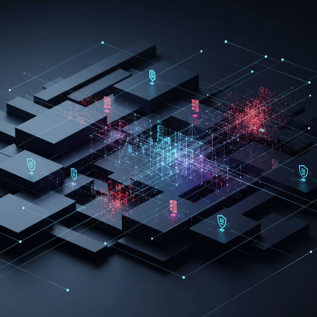 Abstract representation of financial network topology transitioning to post-quantum cryptographic structures and zero-trust security layers.
