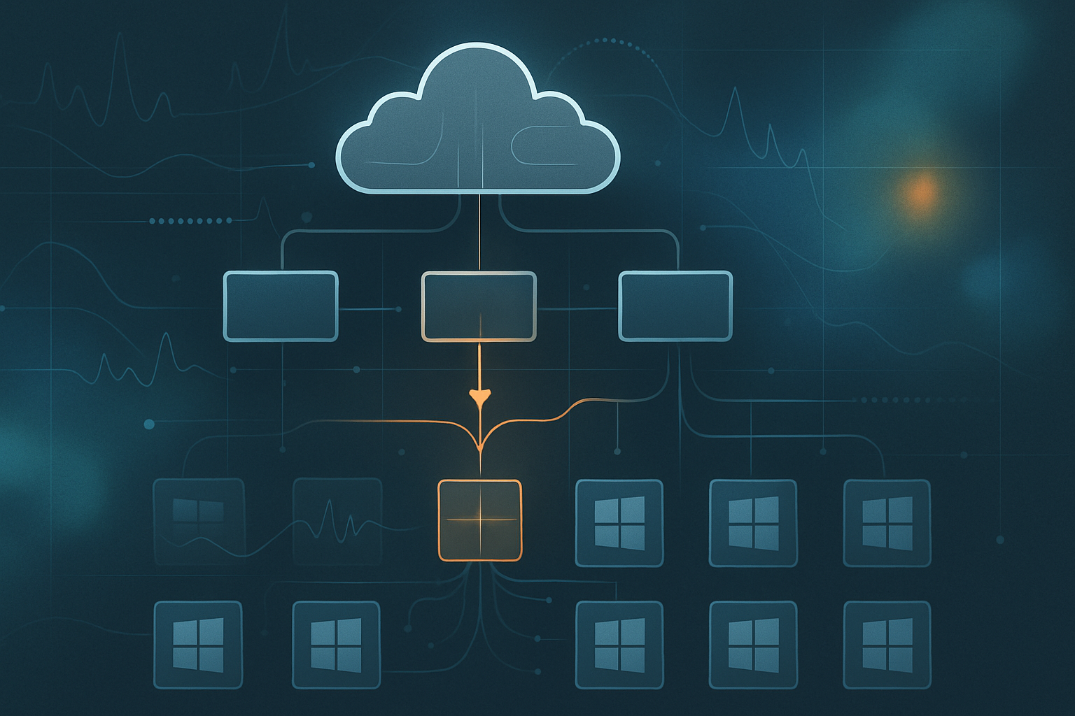 Abstract diagram of a security update pipeline branching to many endpoint nodes with a risk heatmap overlay, illustrating how a configuration update can cause widespread operational impact and require resilient rollout controls.