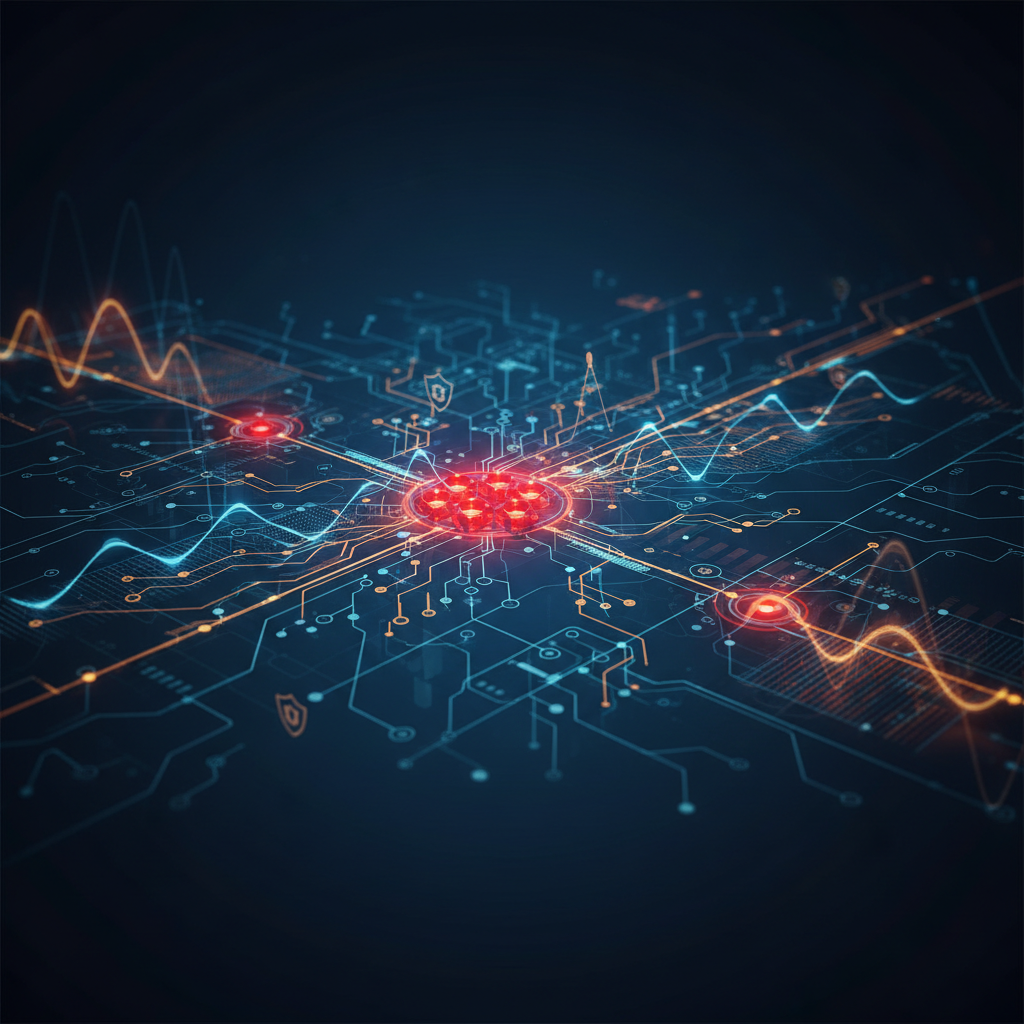 An abstract digital representation of a network security architecture with highlighted risk nodes and signal traces, symbolizing the detection and analysis of cyber threats.