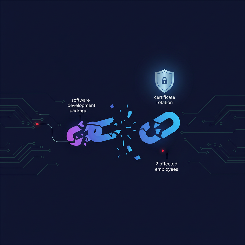 Symbolic representation of a software supply chain breach affecting OpenAI via TanStack, with precautionary security response indicated