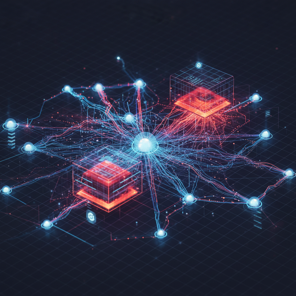An abstract 16:9 architectural diagram showing a high-density network topology with glowing nodes and signal traces representing a massive surge in identity access requests.