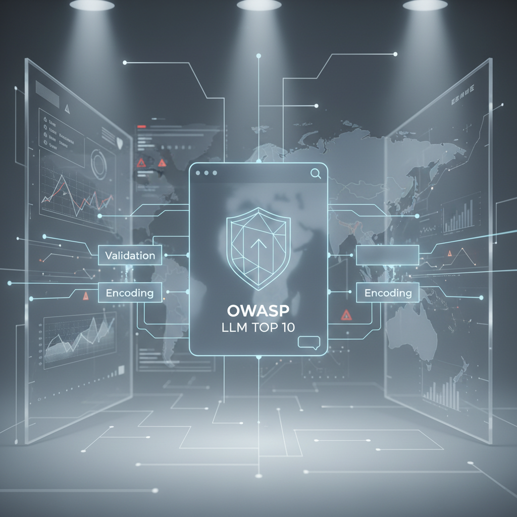 Chatbot interface with OWASP LLM Top 10 controls: input validation, output encoding, monitoring for weak signals, and security shielding