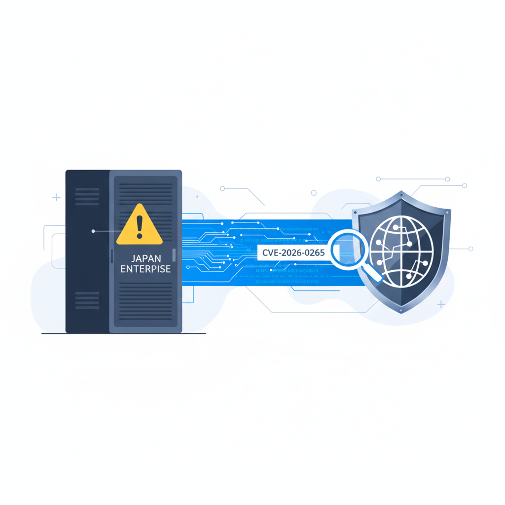 Illustration of JPCERT/CC alerts serving as an early warning feed for global enterprise security, showing a Japan-labeled server sending threat data to a global defense shield with a vulnerability code magnified in the stream.
