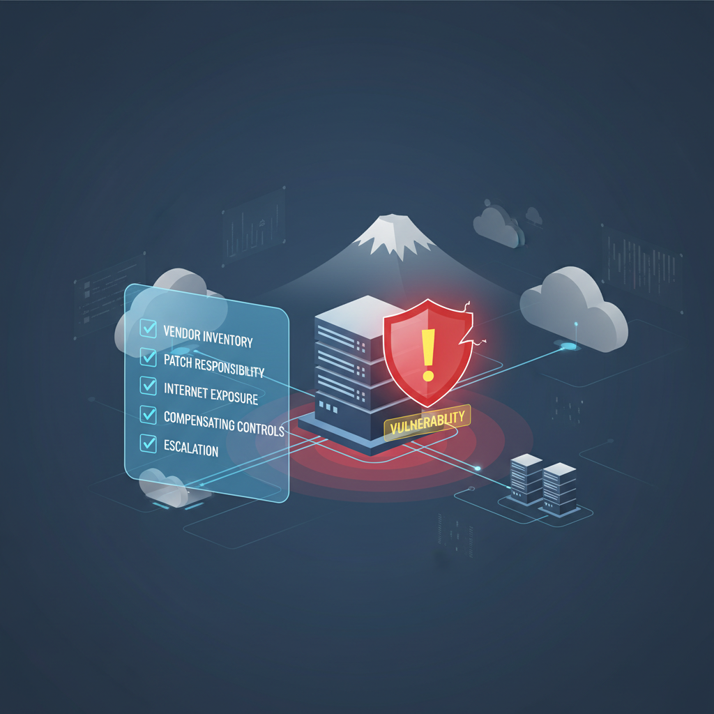 Cloud and SaaS team reviewing Japanese supplier cyber risk using JVN feed: vendor inventory, patch responsibility, internet exposure, compensating controls, escalation triggers visualized in a minimal tech editorial style.