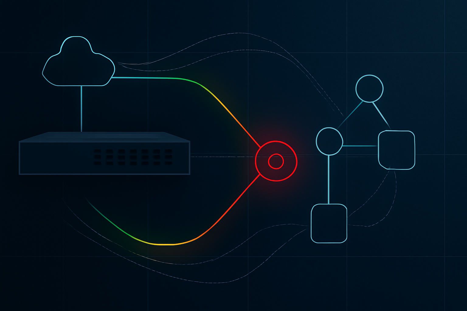 Abstract diagram of an industrial network switch within a network topology, with a highlighted critical vulnerability risk node and heatmap-style severity cues.