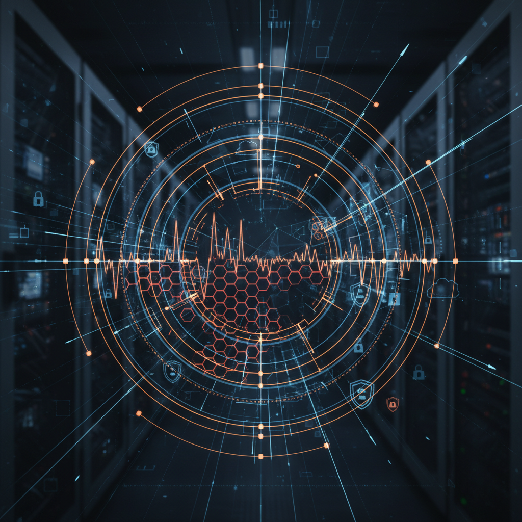 An abstract technology editorial image showing a continuous, circular network topology and signal graphs representing a persistent cybersecurity operational framework.
