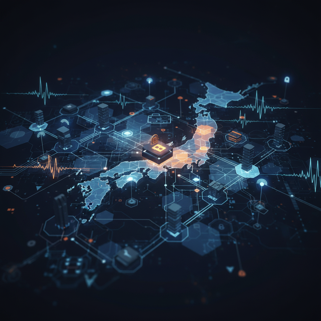 Abstract visual representation of monitoring JPCERT/CC alerts for enterprise risk in Japan, showing network nodes and signal waveforms in a cybersecurity heatmap style