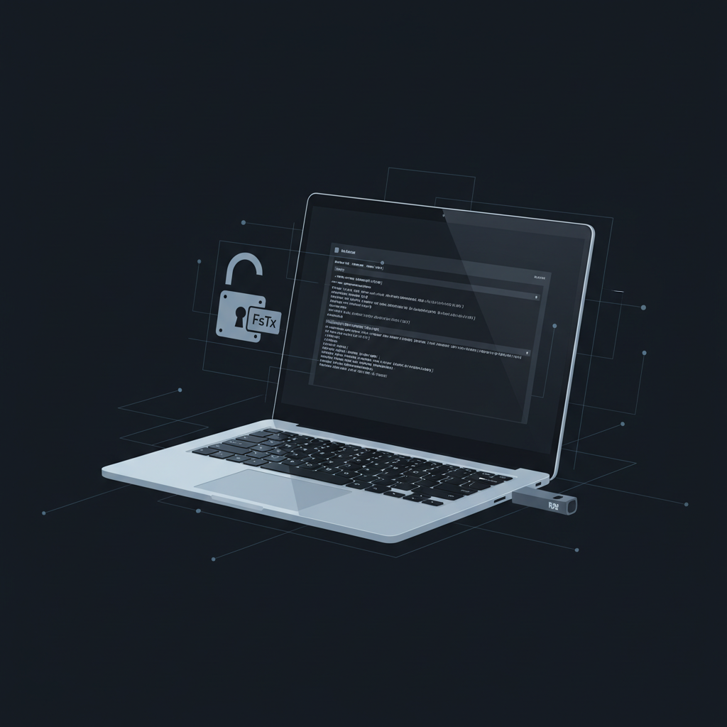 Illustration of a Windows device with BitLocker bypass via USB drive showing FsTx files, depicting unauthorized access to encrypted drive through WinRE manipulation