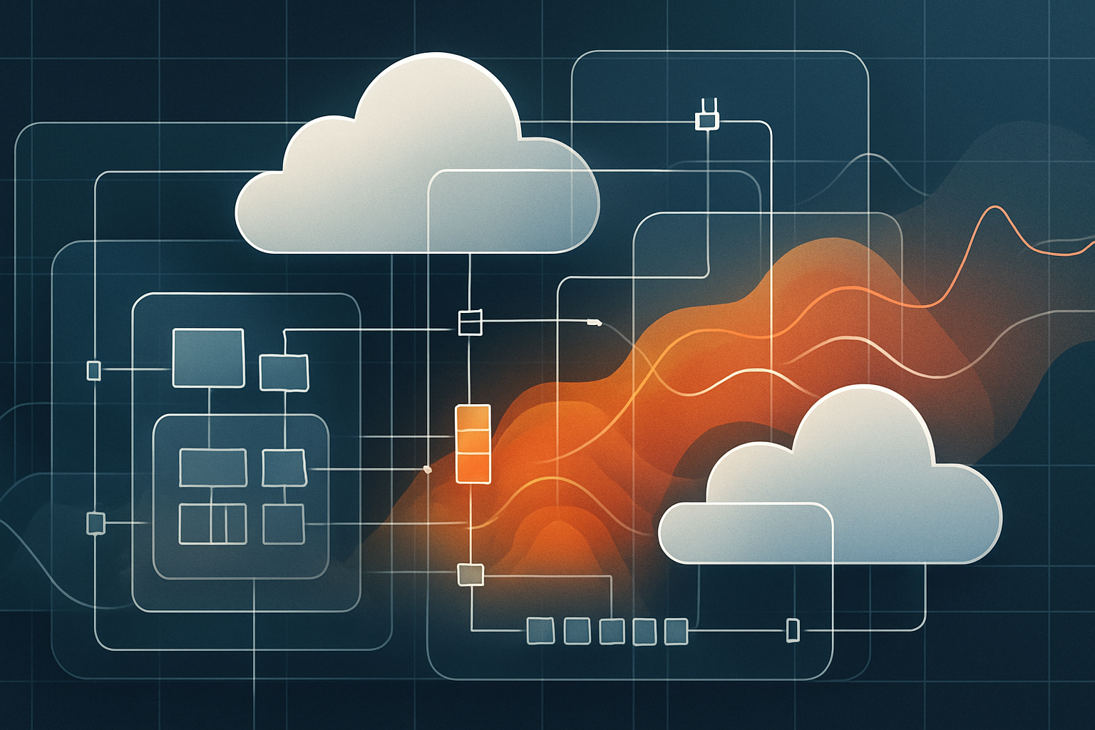 Abstract diagram showing a cloud and critical-infrastructure network with a risk heatmap overlay and signal traces, representing AI risk management and security governance.