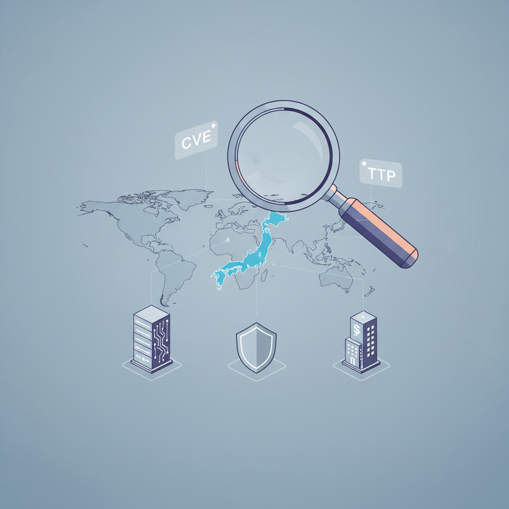 Magnifying glass inspecting East Asia region on a map, highlighting named entities and technical cybersecurity symbols as a visual metaphor for source-grounded signal detection
