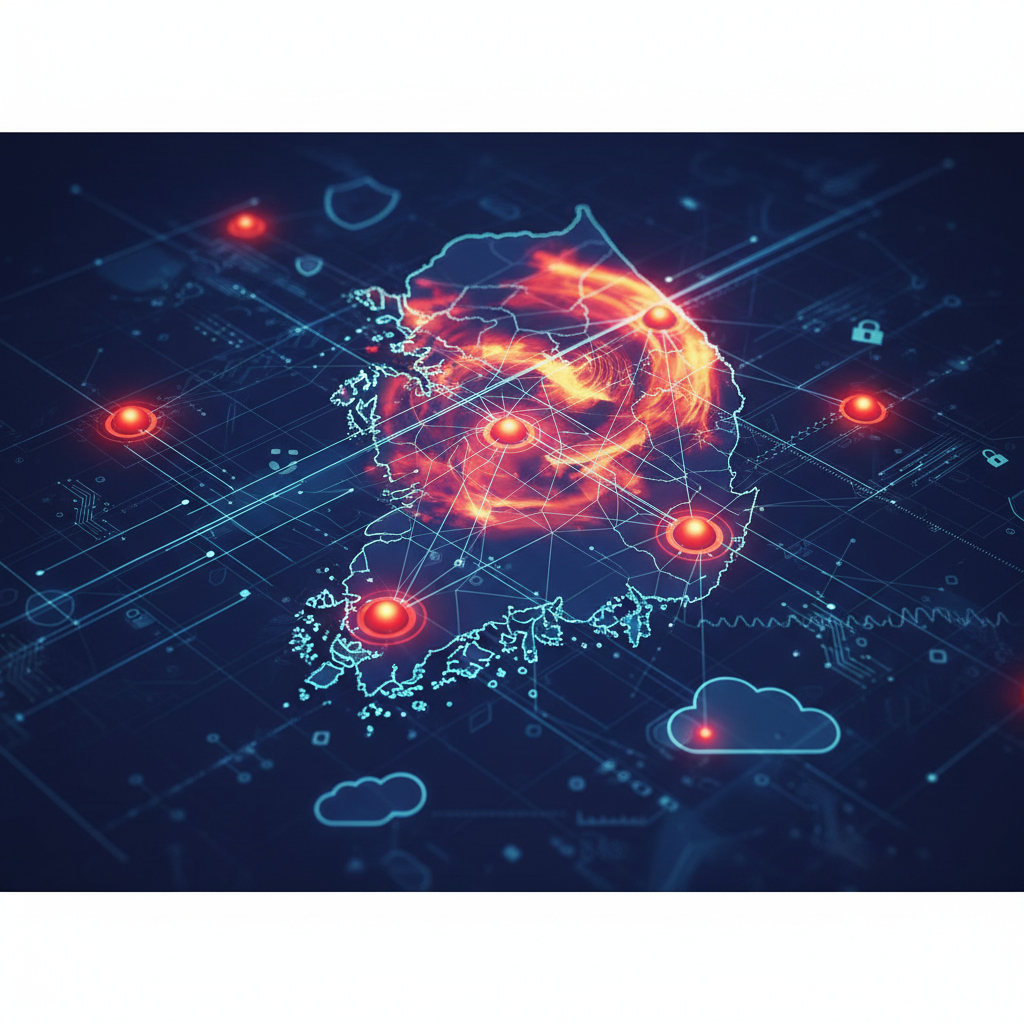 Abstract cybersecurity heatmap showing network architecture and signal traces over a regional industrial manufacturing hub.