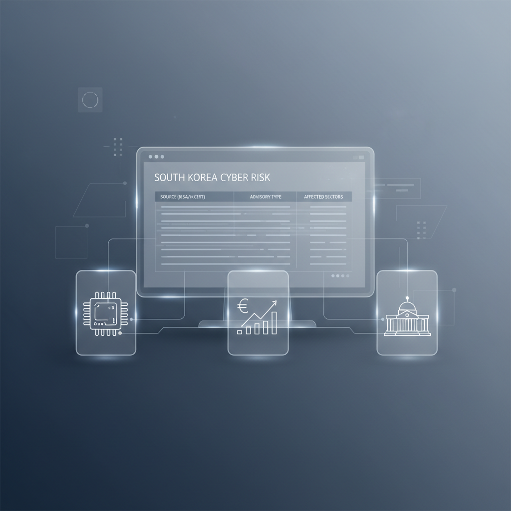 Monitor displaying KISA/KrCERT vulnerability feed with connections to key South Korea sectors