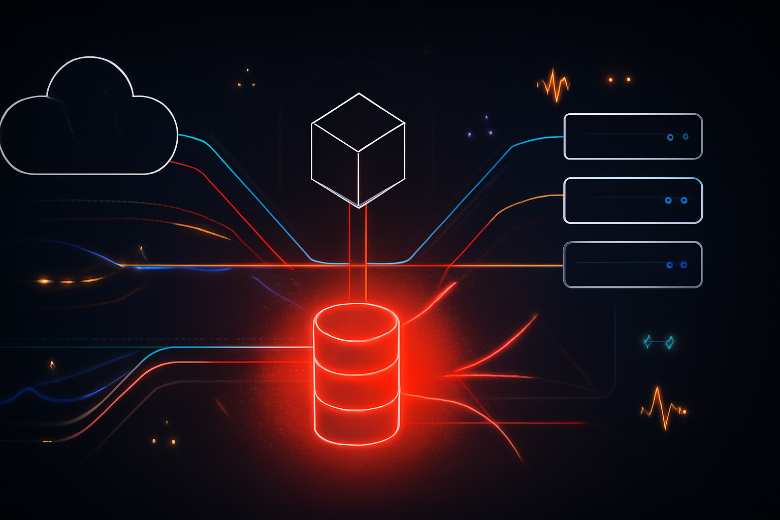 Abstract diagram of a workflow platform connected to a database with highlighted critical risk paths indicating SQL injection exposure.