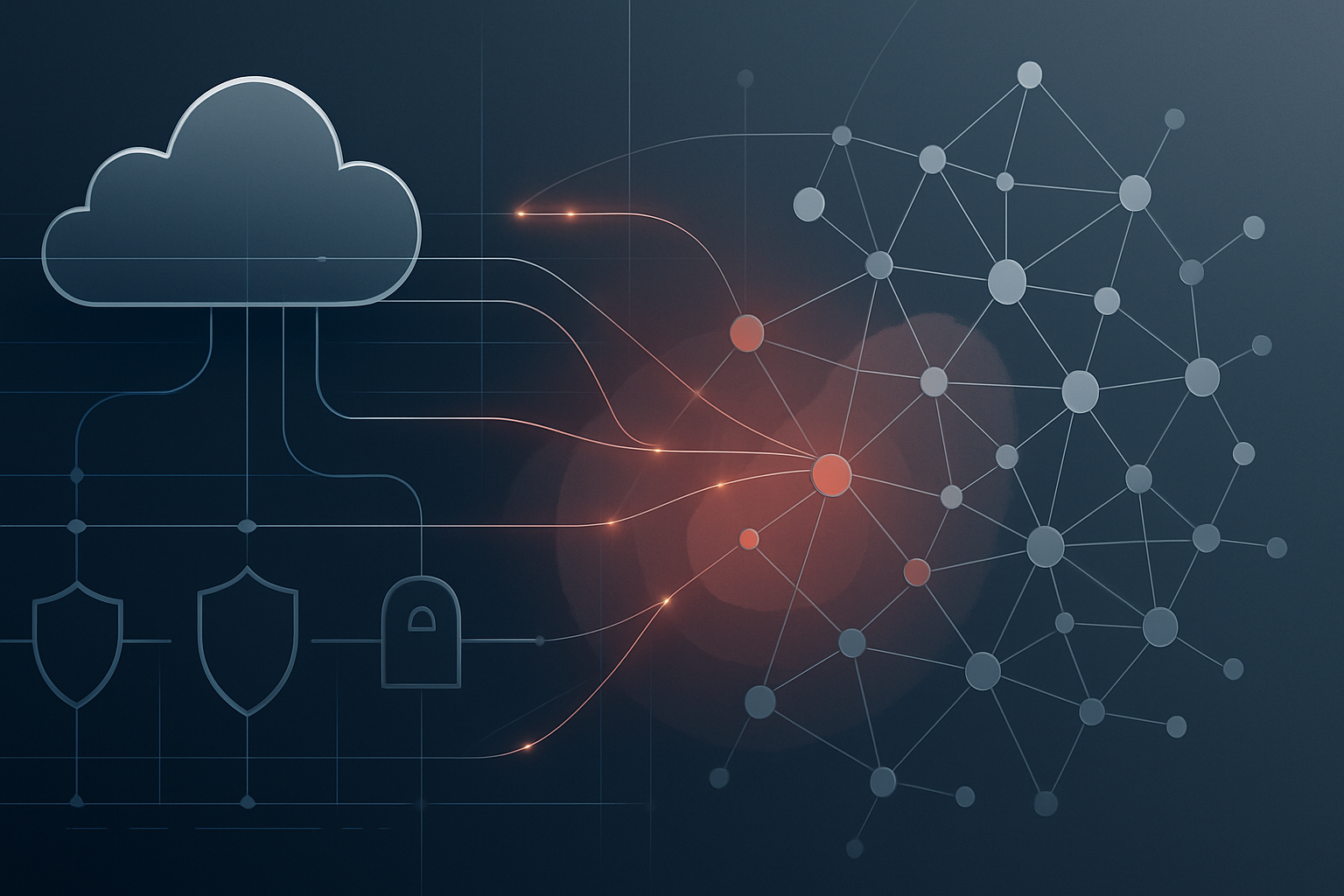 Abstract diagram showing a cloud and hardware supply-chain network with risk heatmap overlays and incident coordination signal traces, representing secure-by-design and PSIRT-driven trust across vendors and enterprises.
