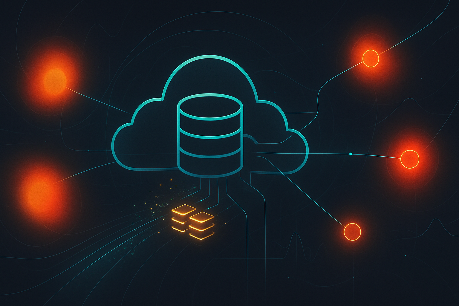 Abstract cloud security illustration of an internet-exposed database service with risk heatmap overlays and memory-leak-like data fragments flowing through network connections.