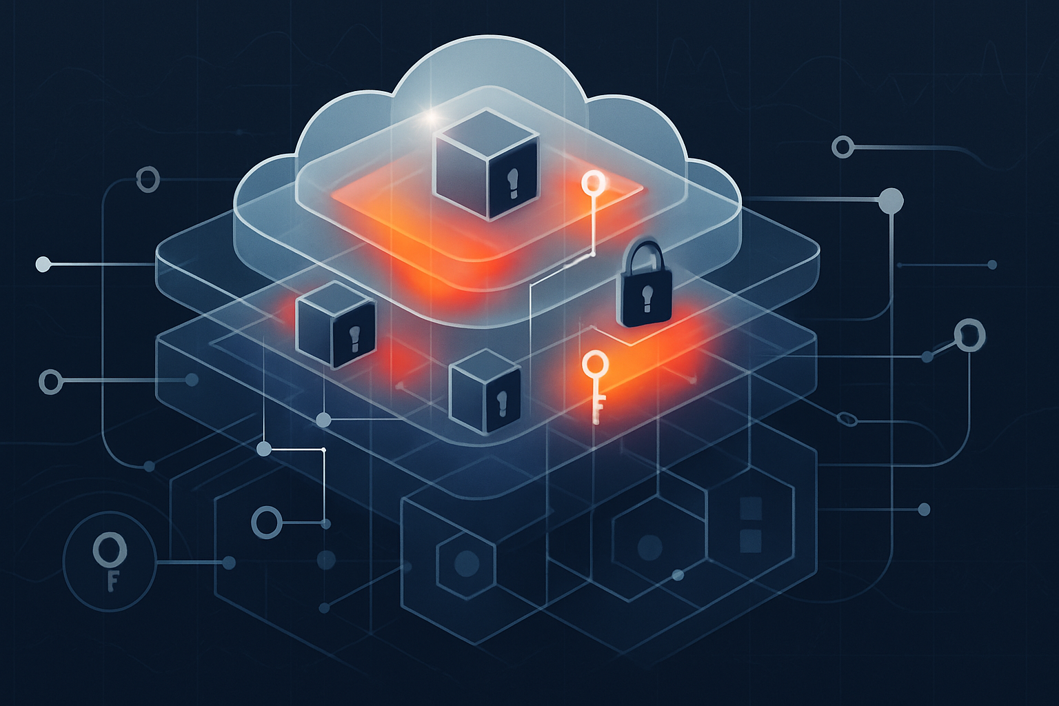 Abstract cloud security architecture showing segmented sovereign zones, isolated compute enclaves, and identity-access control flows with a risk heatmap overlay.