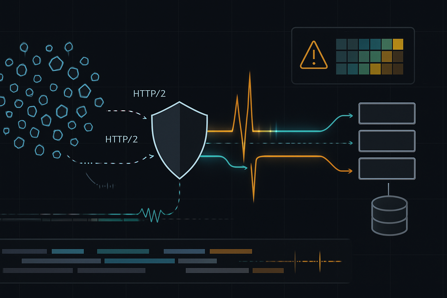 Abstract diagram-style illustration of HTTP/2 traffic flowing through edge proxies to backend services, highlighting rapid stream resets and a request-rate spike as an infrastructure risk signal.
