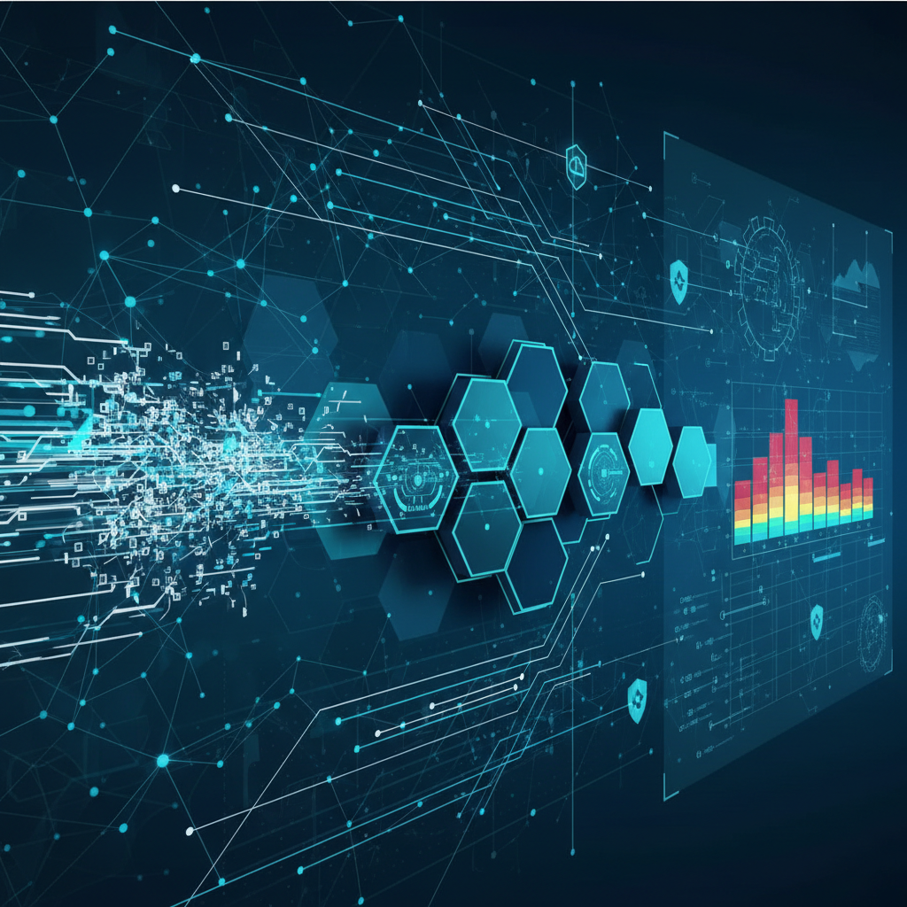 An abstract visualization of a high-tech cybersecurity network topology where data flows through automated AI filtering layers to identify and mitigate infrastructure risks.