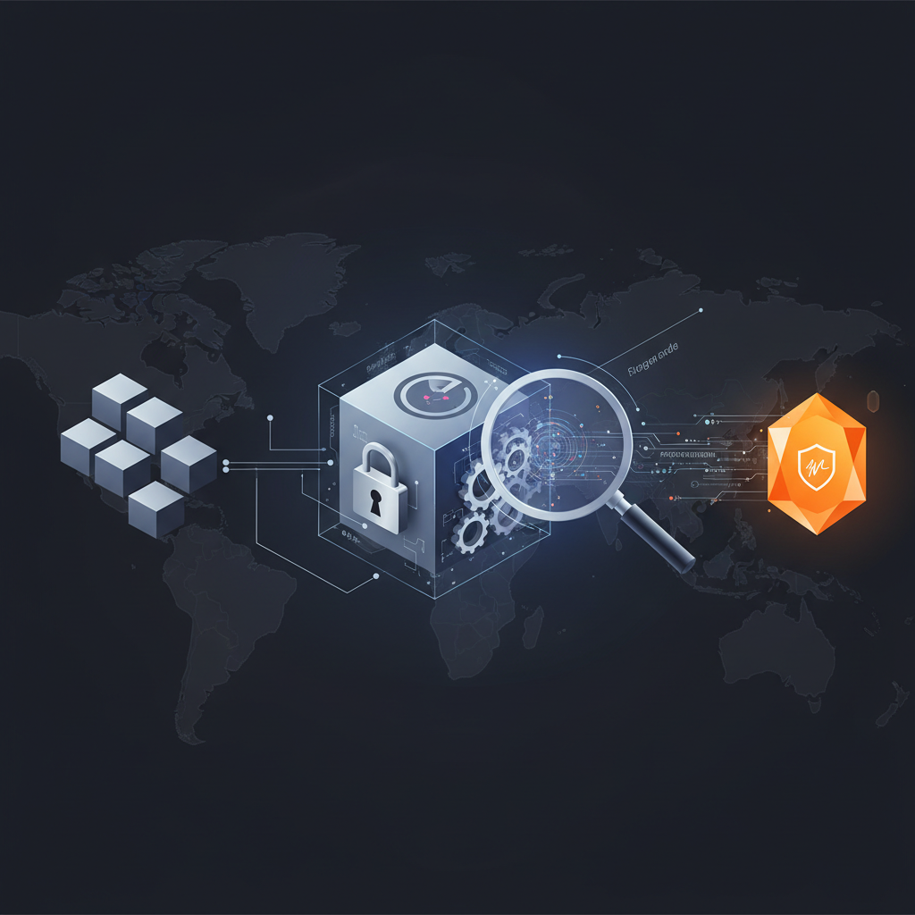 Illustration of a software build process with focus on verifying provenance and integrity using the SLSA framework, showing source input, secure build environment, and signed output artifact under inspection.