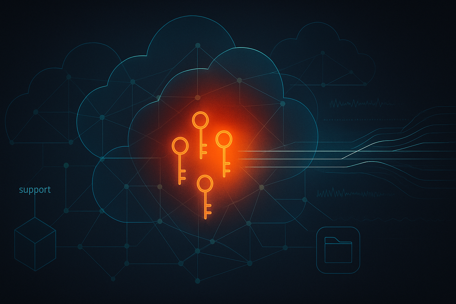 Abstract diagram of a cloud identity environment showing a support system connected to a file store, with highlighted risk around session tokens and diverging audit log traces indicating logging blind spots.
