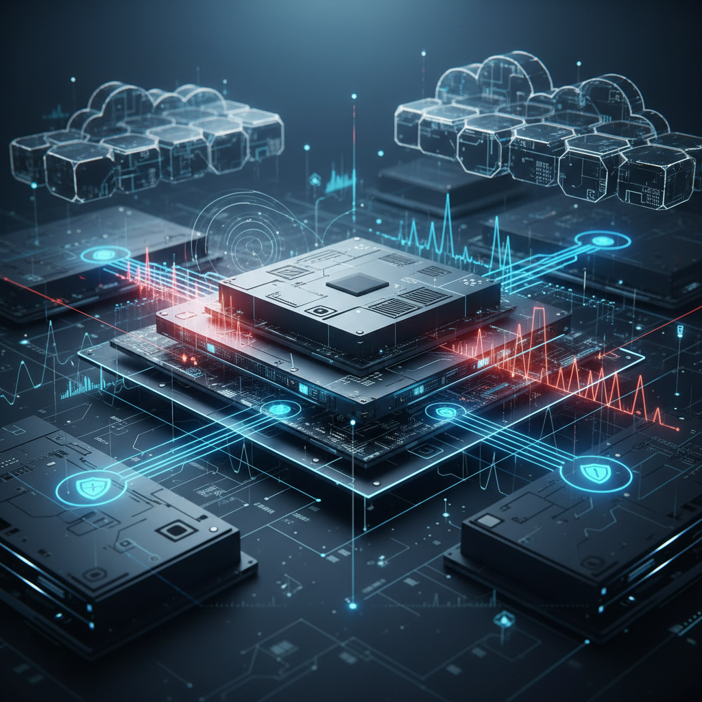 An abstract analytical diagram representing hardware security protocols and encrypted communication channels between infrastructure components.