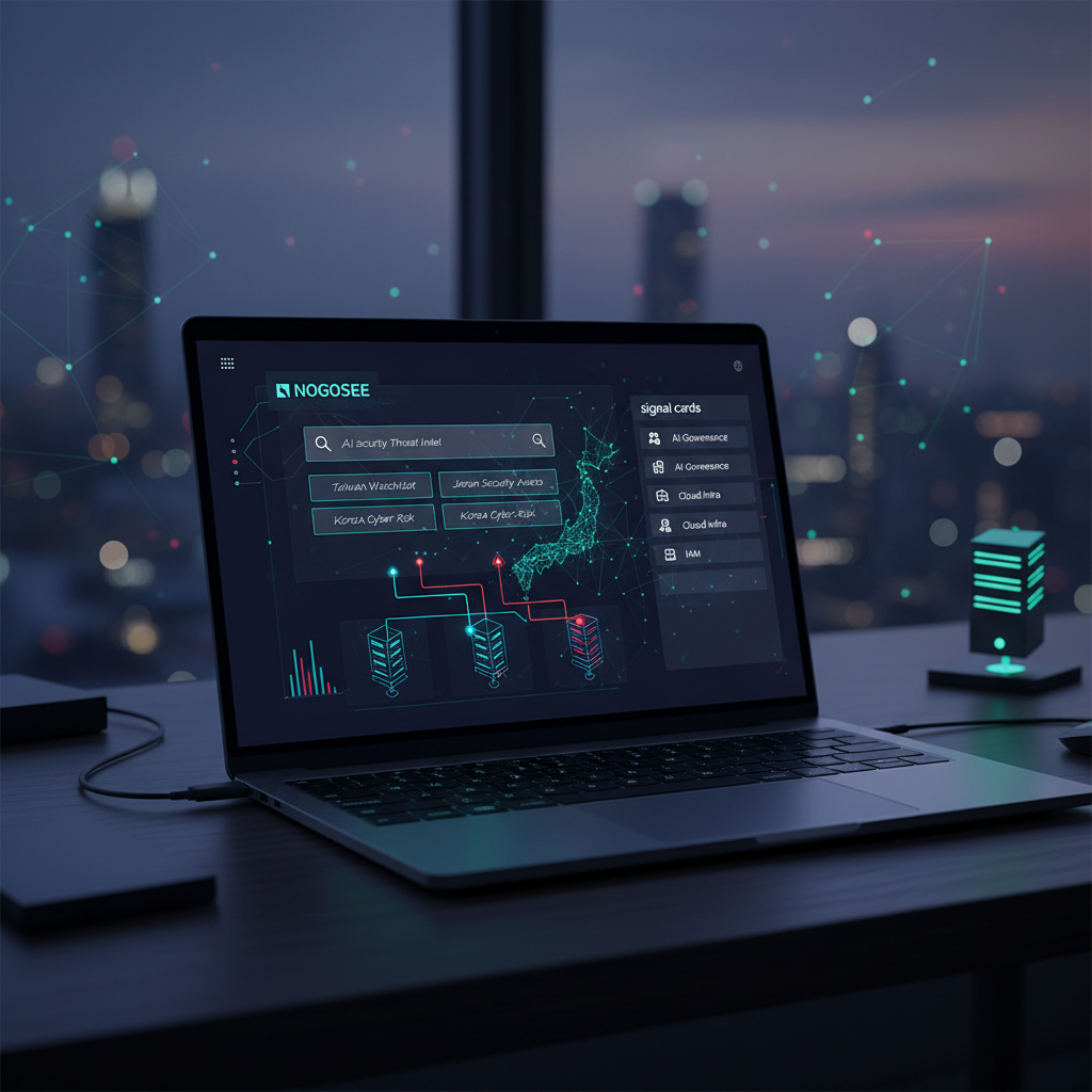 Governance team member using Nogosee’s tracker to build an East Asia AI security watchlist, viewing filtered search results and signal details on a laptop screen.