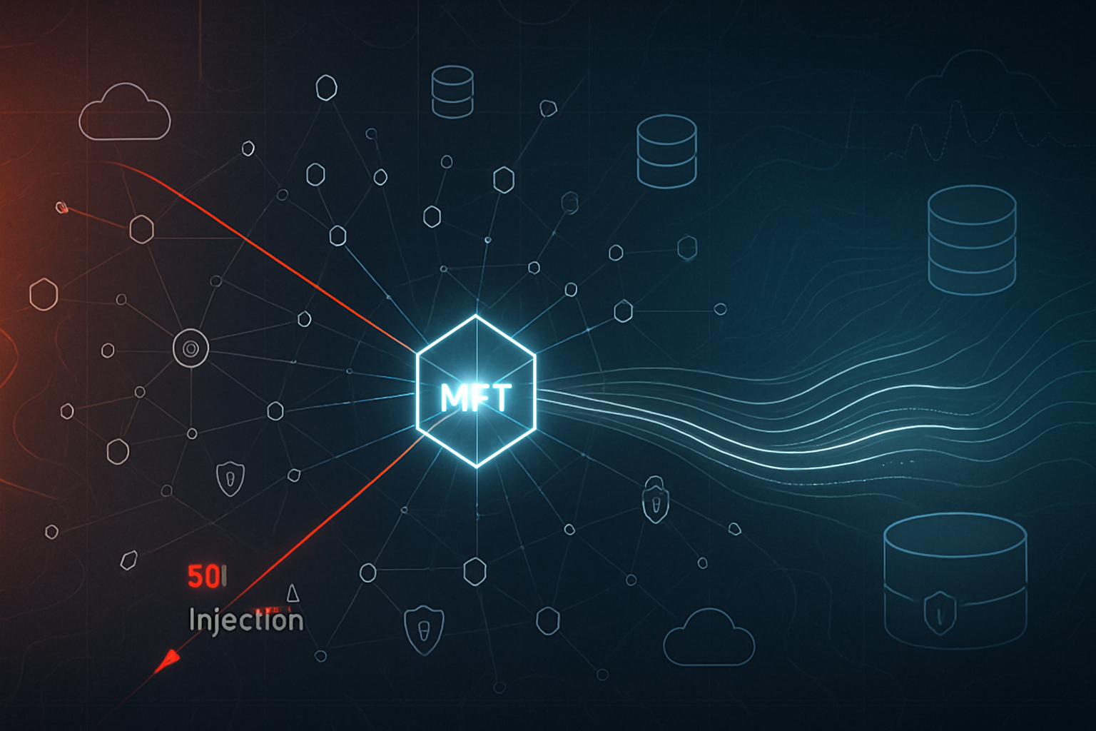 Abstract diagram showing a managed file transfer hub as a central node in a network, with highlighted attack paths and data-exfiltration flows toward cloud storage, representing systemic risk from exploited MFT infrastructure.