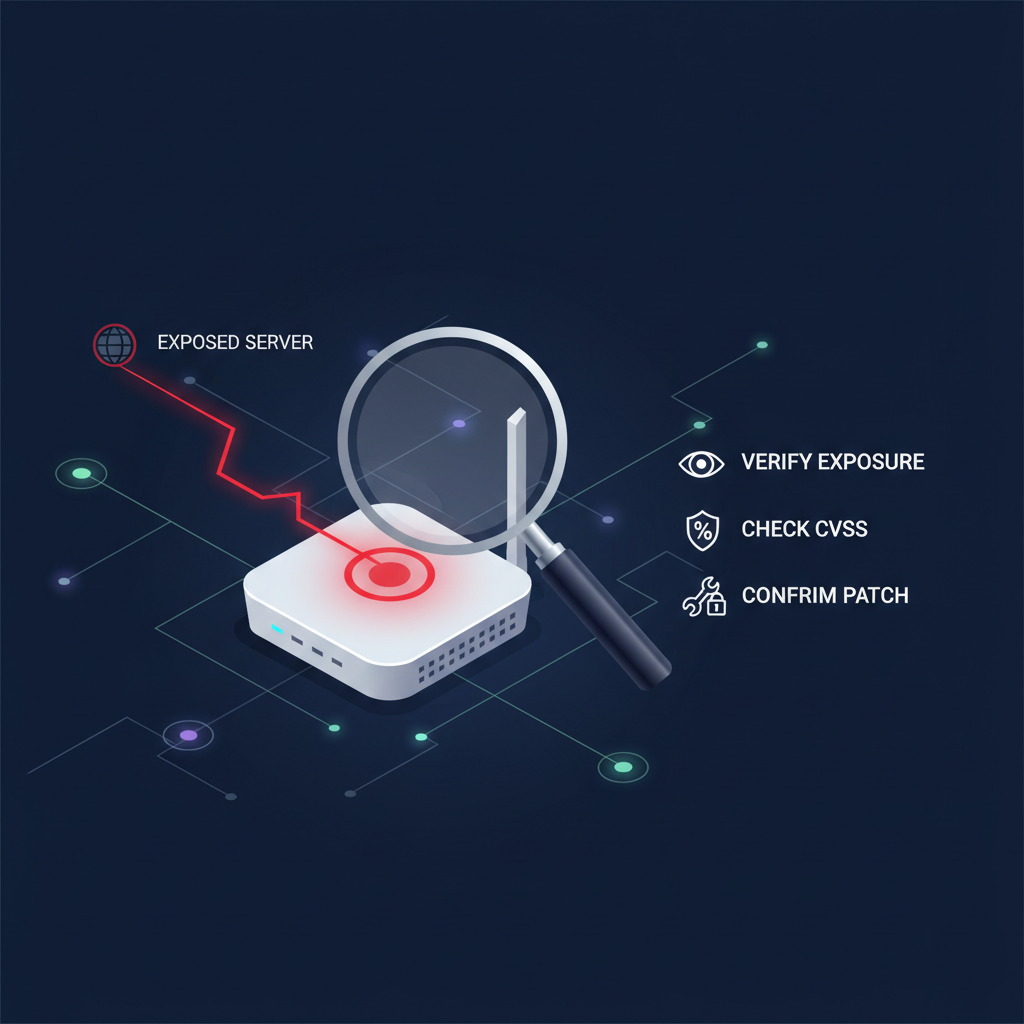 Scenario tutorial visual: verifying exposure to a Japanese vendor CVE using JVN details, showing a router under review with network context and a three-step checklist for global security teams.