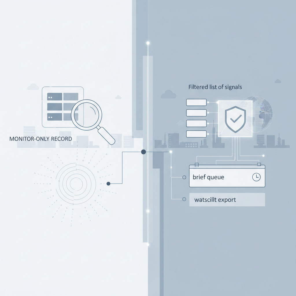 Illustration showing how monitor-only records are kept useful through filtering, verification, and brief queues without being turned into thin articles — a magnifying glass over a database record, with filtered outputs going to a brief queue and watchlist export.