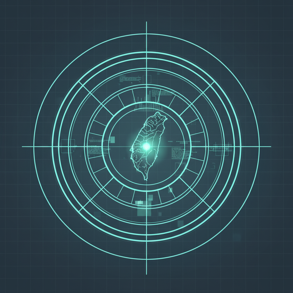 Radar-style visualization of Taiwan as a cyber threat early-warning focal point, with signal pulses indicating IoCs and threat signals spreading regionally and globally