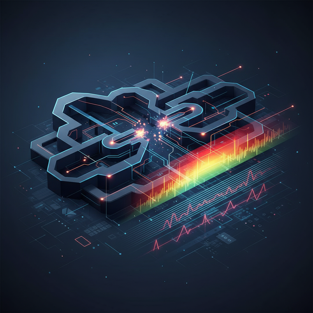 Abstract technology editorial image showing a network topology and a risk heatmap signifying a security vulnerability in a cloud-based AI infrastructure.