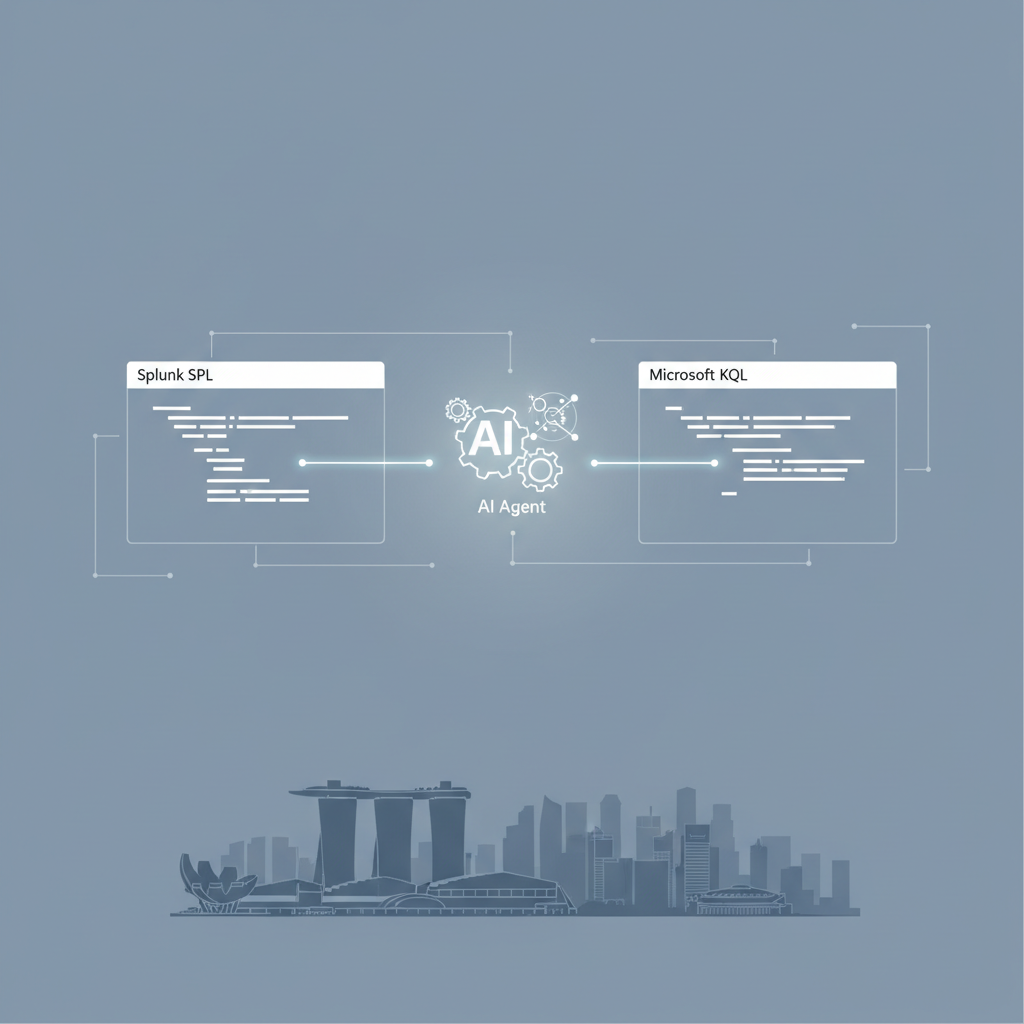 Illustration of ARuleCon converting a security rule between Splunk and Microsoft SIEM platforms, with AI agent facilitating the transformation and a subtle Singapore skyline reference to the Singtel case study.