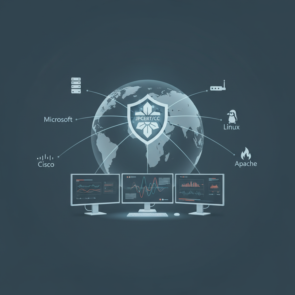 Illustration of JPCERT/CC as a source of vulnerability information feeding into global security monitoring systems for widely used technologies