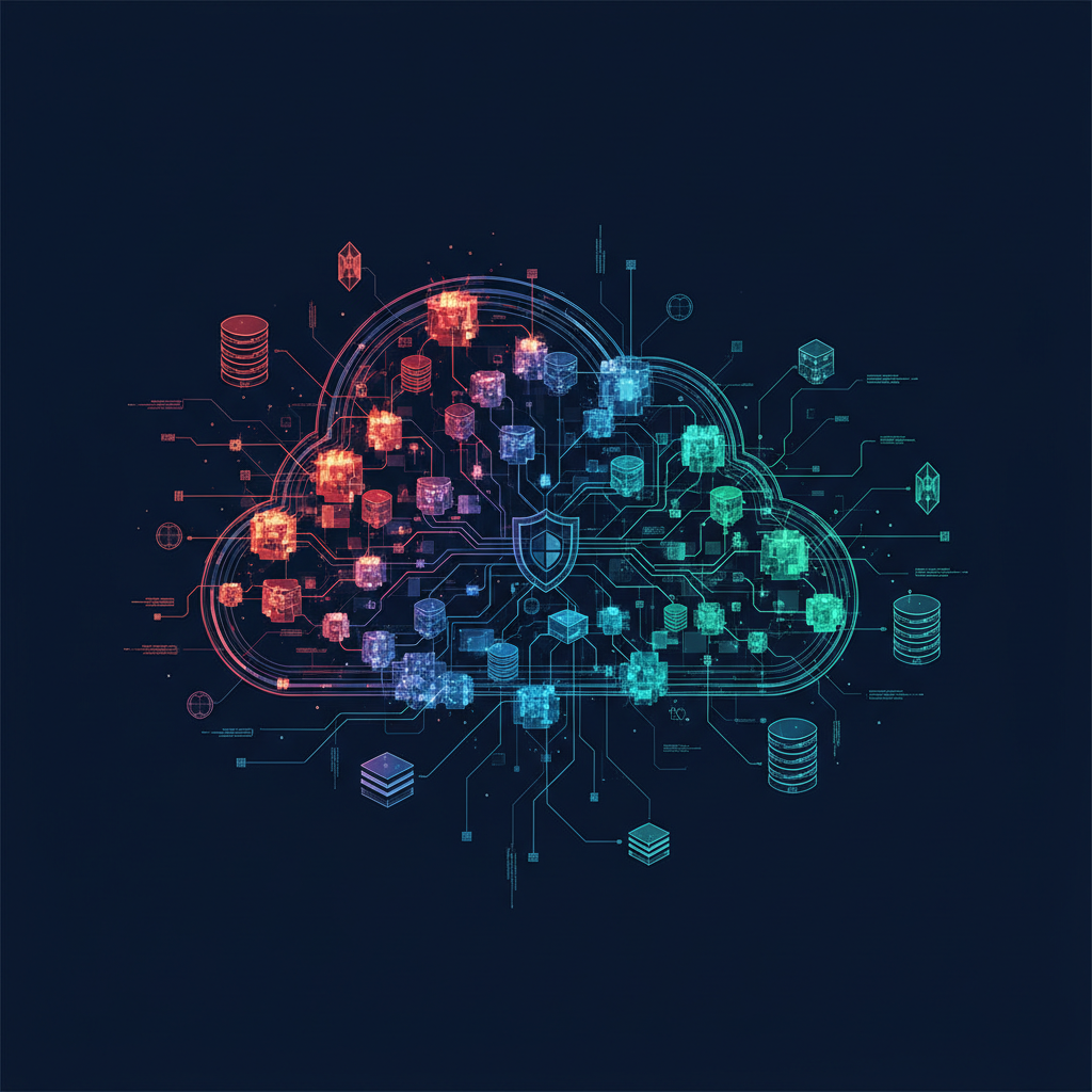 An abstract representation of a network topology with risk heatmaps and interconnected nodes signifying infrastructure security.