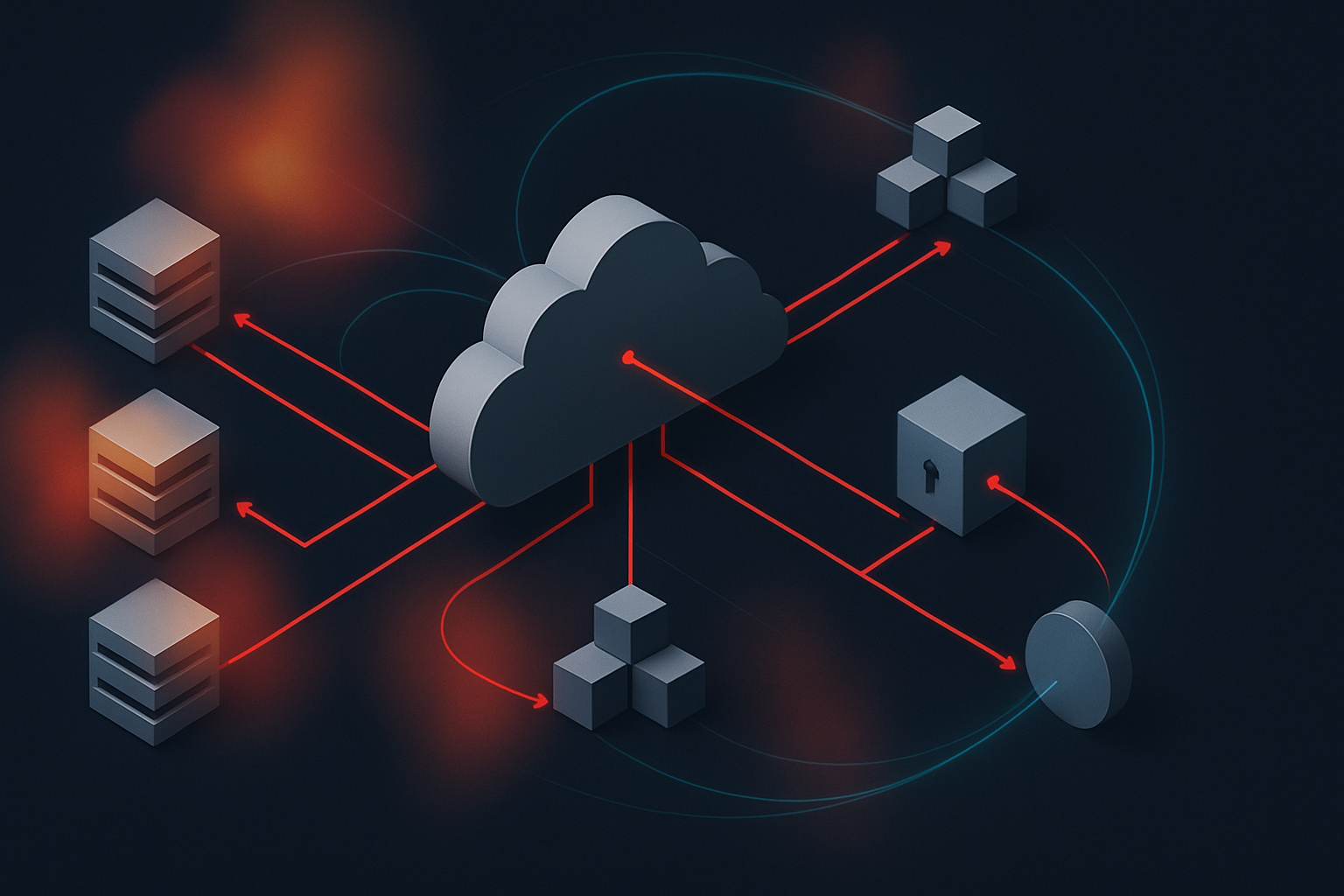 Abstract cloud data platform diagram with highlighted identity access paths and data exfiltration flow lines over a risk heatmap.
