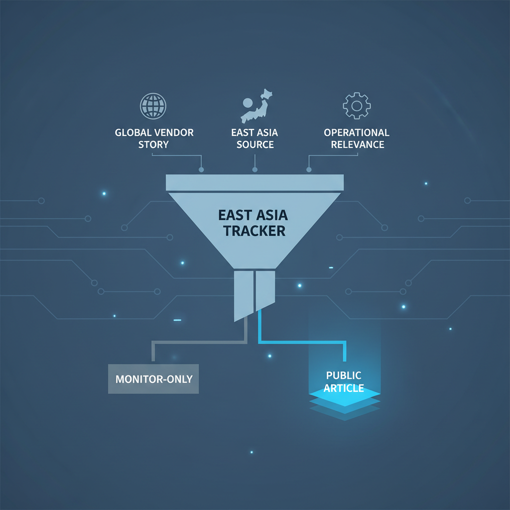 Illustration of a decision filter for global vendor stories: only those with named entities, sector-specific impacts from Taiwan, Japan, or Korea, and original English analysis become public articles in the Nogosee East Asia tracker; others remain monitor-only.