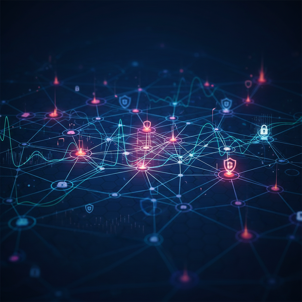An abstract technical diagram representing network topology, risk heatmaps, and server infrastructure security.