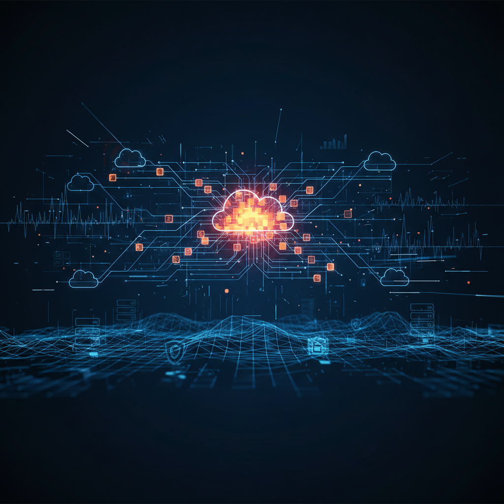 Abstract cybersecurity visualization showing network nodes and infrastructure security layers with risk indicators.