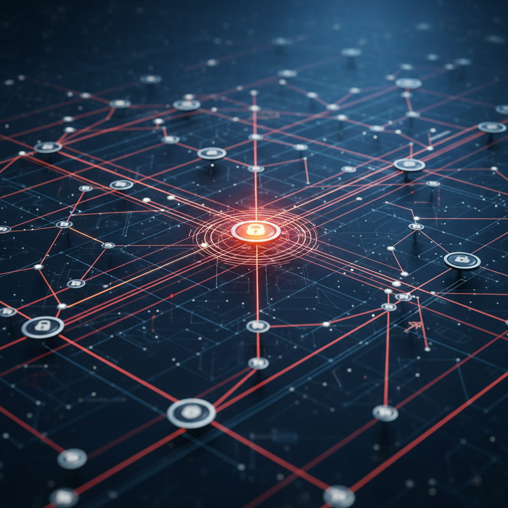 Serious abstract technology editorial image showing a network topology and infrastructure risk heatmap in dark blue and amber tones.