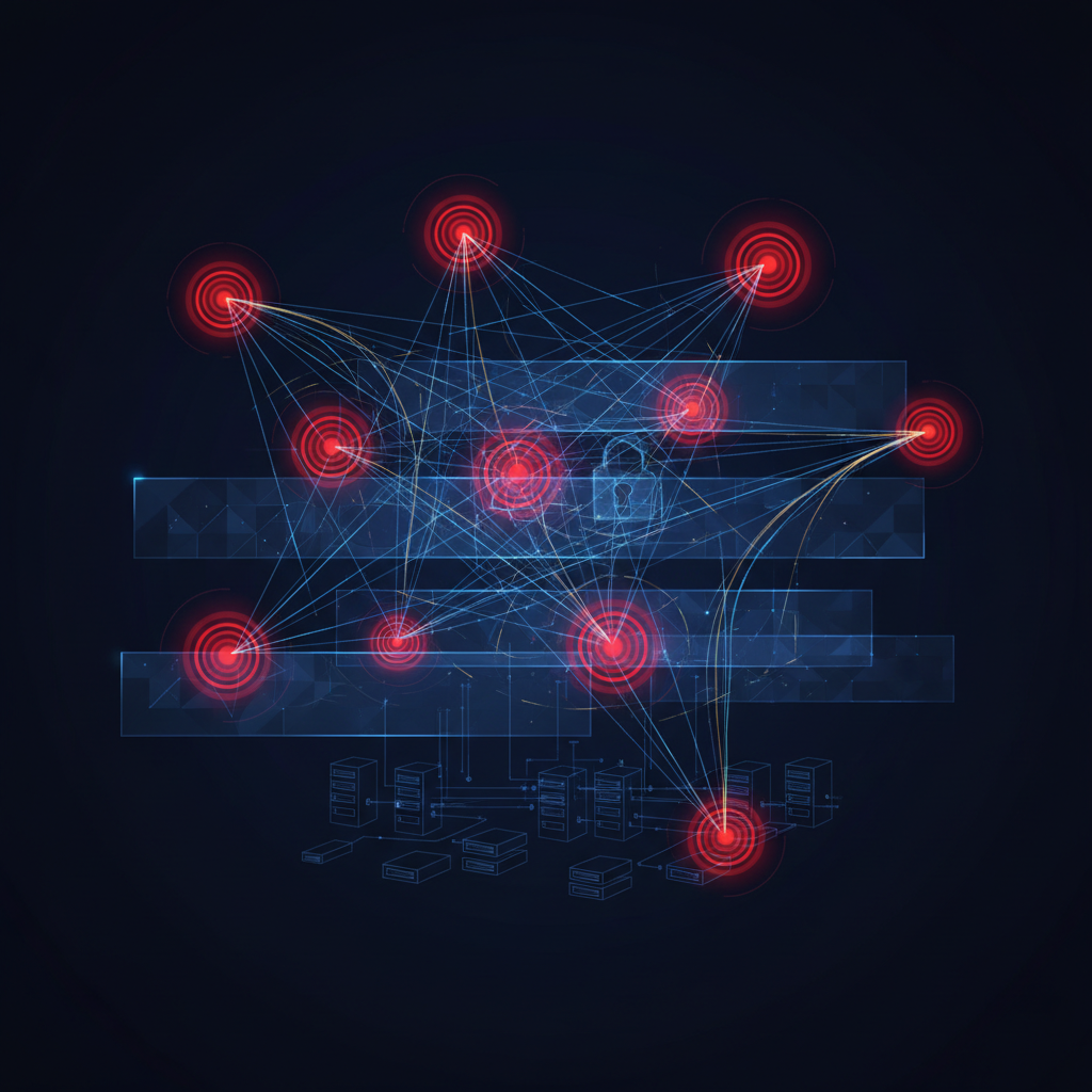 Abstract high-tech visualization of network security vulnerabilities and infrastructure risk mapping.