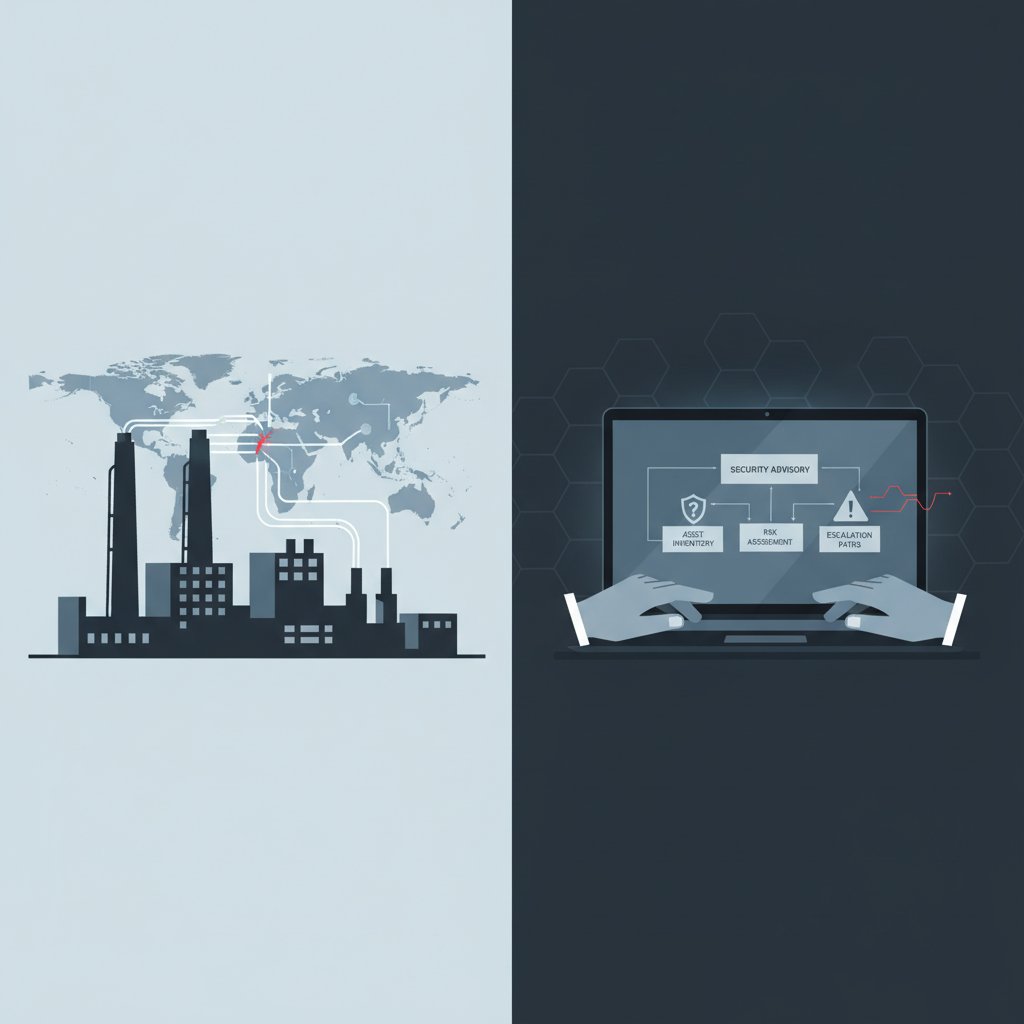 Scenario tutorial visual: assessing exposure when a Taiwan supplier appears in a security advisory, showing supply chain link and operations team workflow