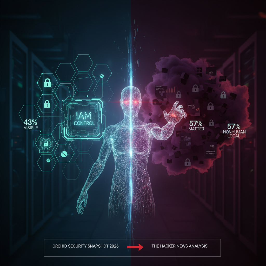 Diagram contrasting managed identity governance with unmanaged identity dark matter, showing an AI agent bridging the gap between controlled and uncontrolled identity elements