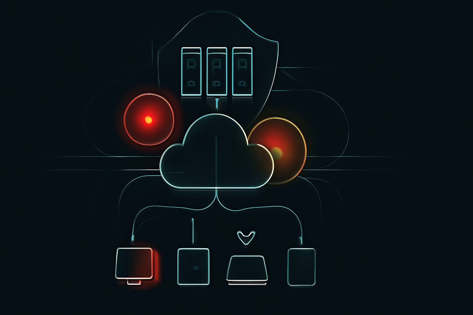 Abstract diagram of an endpoint security management architecture with two highlighted high-risk nodes representing vulnerabilities in a security product.
