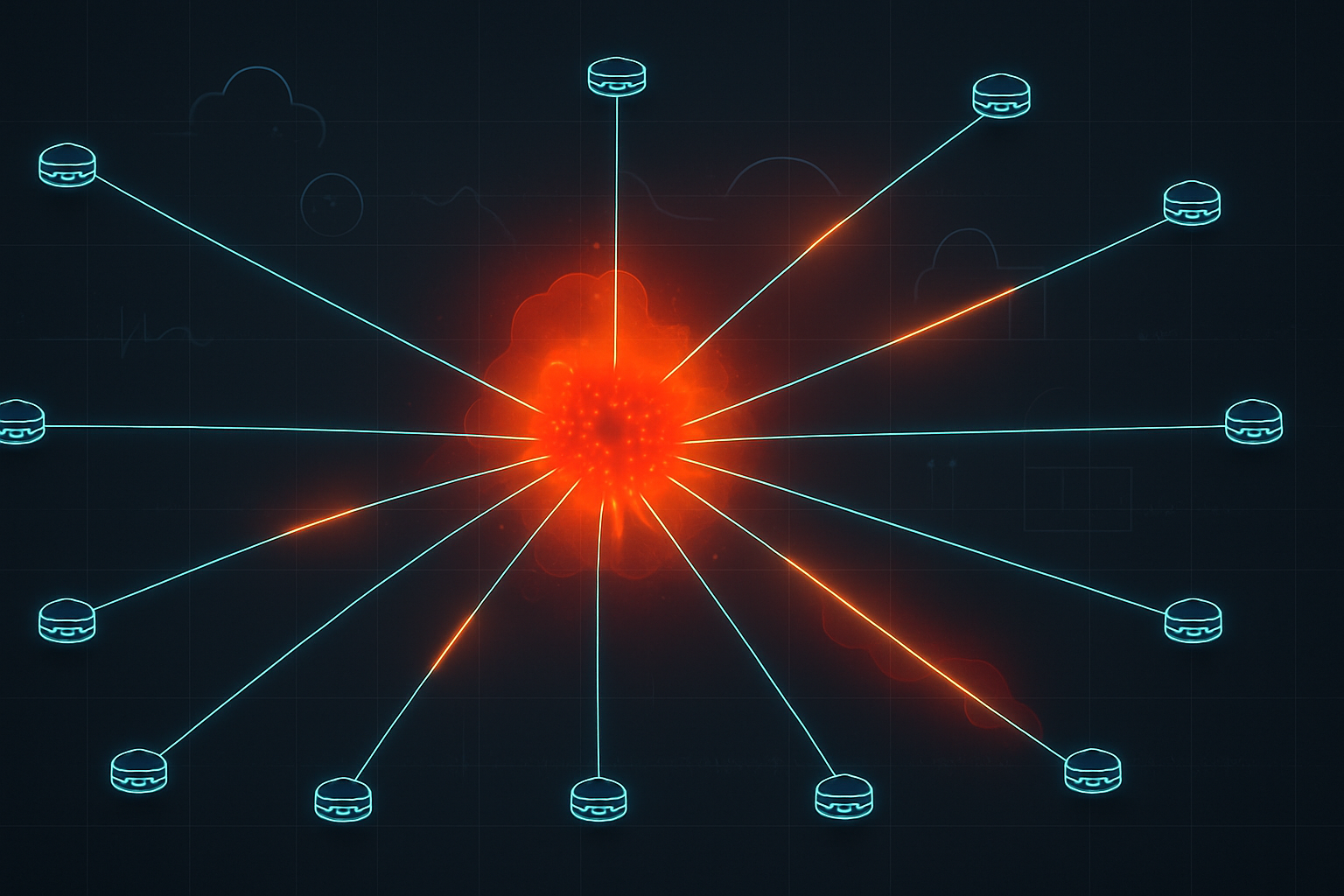 Abstract diagram of edge routers connected across a global network with a central threat cluster and risk heatmap overlays, representing a router-targeting cyber campaign.