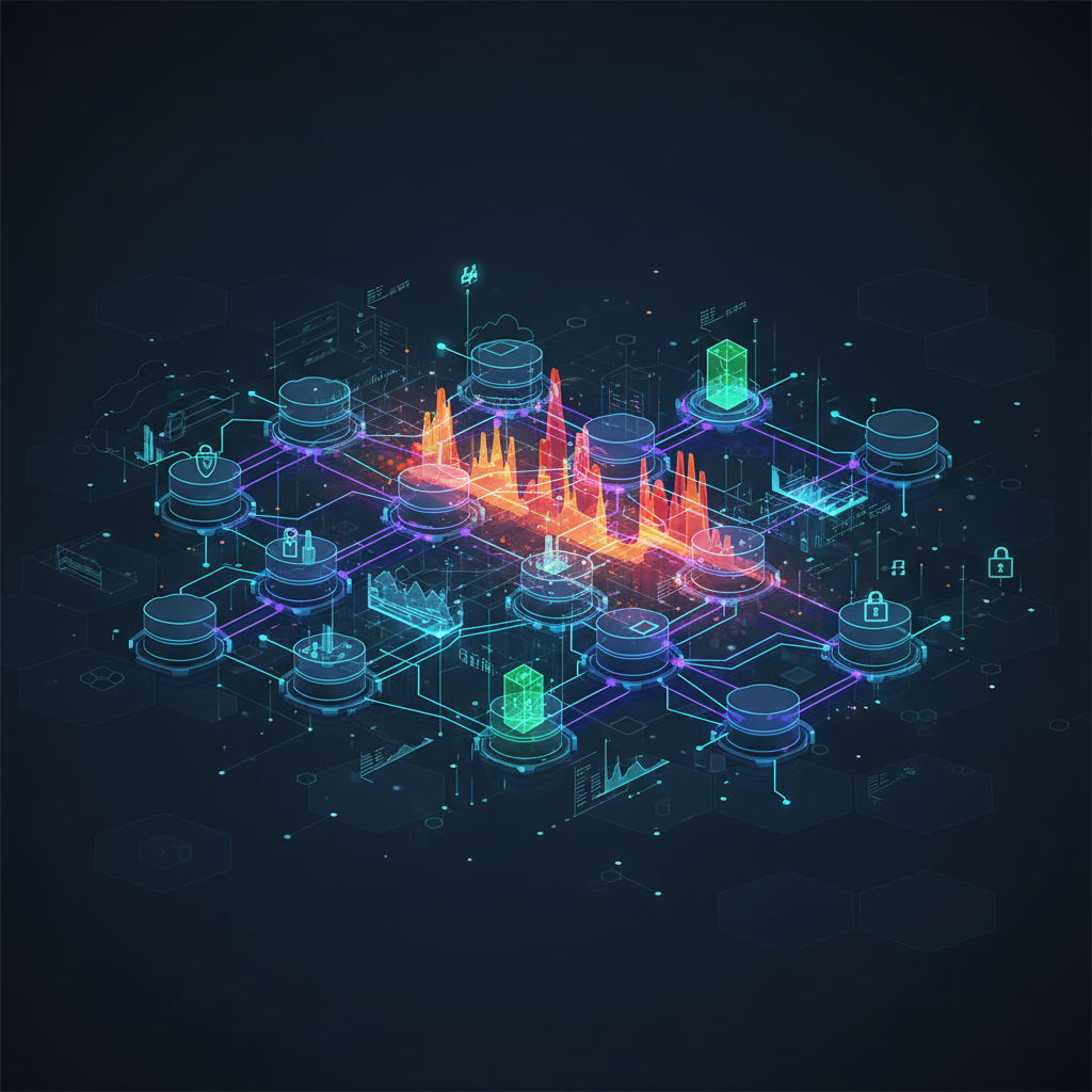 An abstract 16:9 visualization of database network nodes under analysis, showing signal graphs and heatmaps representing cybersecurity risks and infrastructure monitoring.