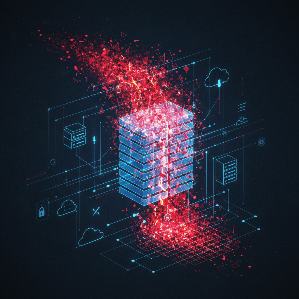Abstract high-tech visualization of a buffer overflow vulnerability in a software architecture.
