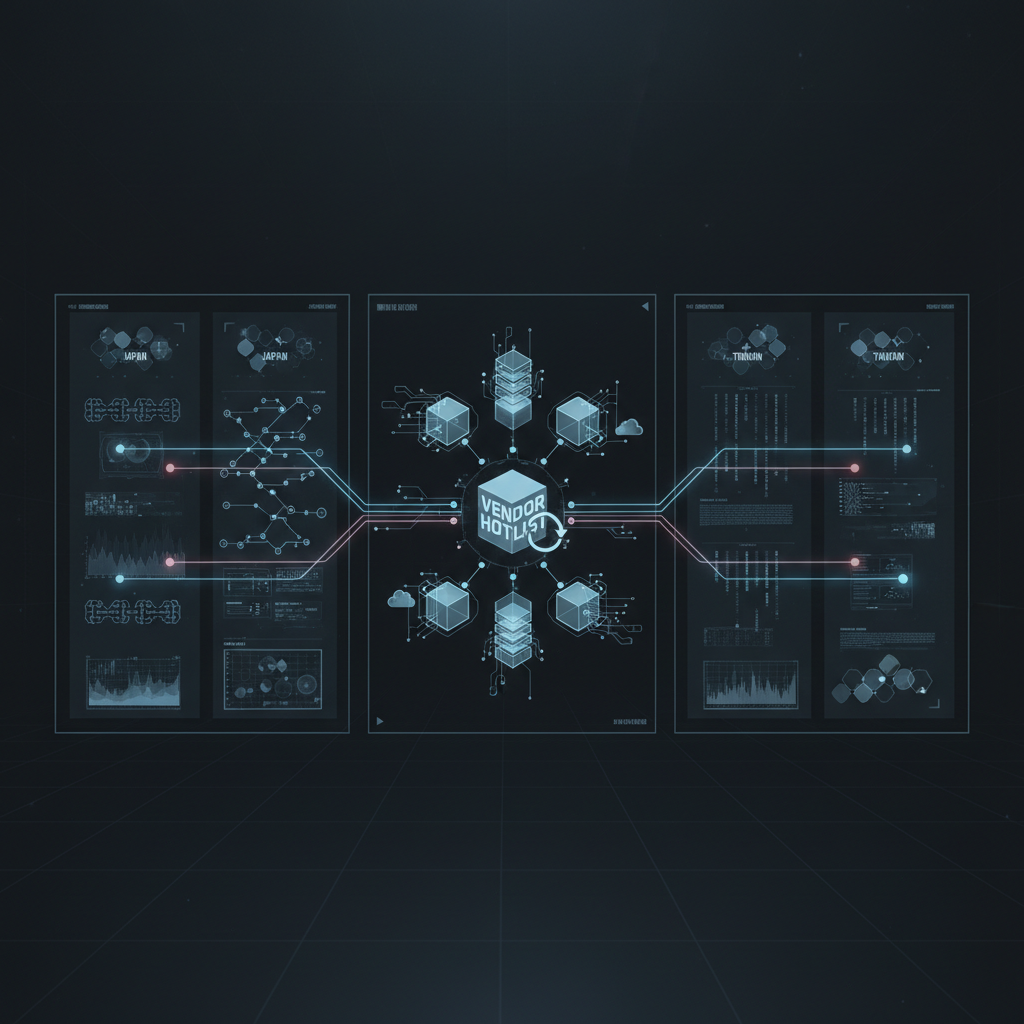 An editorial illustration showing the workflow of mapping regional security signals to a central vendor monitoring list.