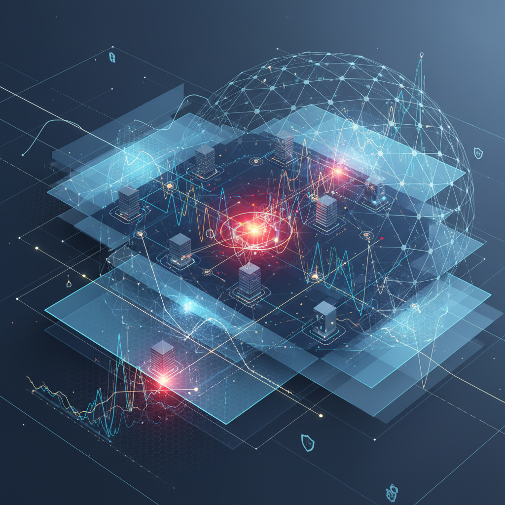 An abstract enterprise-grade technical diagram representing cloud security architecture and infrastructure risk assessment through signal graphs and network topology.