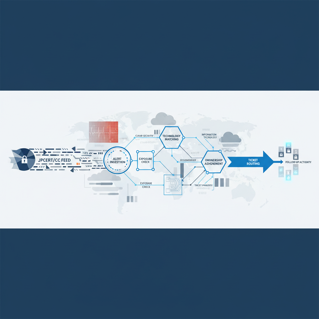 Abstract workflow diagram illustrating the 10-minute JPCERT/CC alert triage process for SOC and cloud security teams